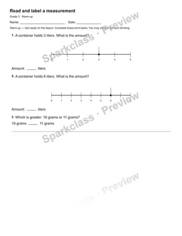 Read and label a measurement — Warm-up — Grade 3 worksheet preview