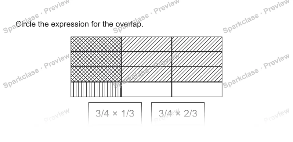 Circle the expression for the overlap. 3/4 × 1/3 3/4 × 2/3 — page 1
