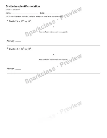 Divide in scientific notation — Exit Ticket — Grade 8 worksheet preview