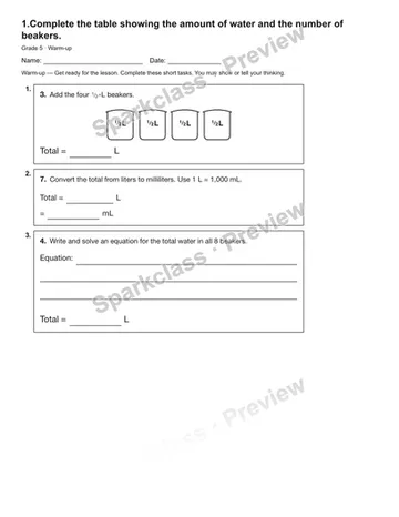 1.Complete the table showing the amount of water and the number of beakers. — Warm-up — Grade 5 worksheet preview