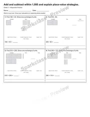 Add and subtract within 1,000 and explain place-value strategies. — Independent Practice — Grade 2 worksheet preview