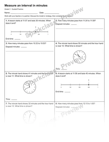 Measure an interval in minutes — Guided Practice — Grade 3 worksheet preview