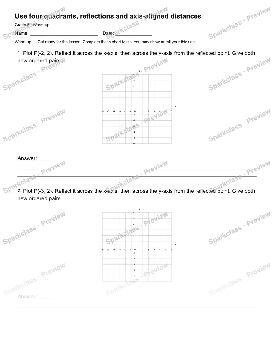 Use four quadrants, reflections and axis-aligned distances — Warm-up — page 2