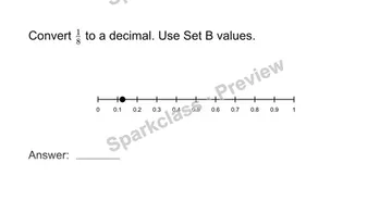 Convert fractions to decimals — Grade 8 problem preview