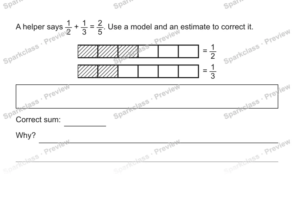 A helper says 1/2 + 1/3 = 2/5. Use a model and an estimate to correct it. = 1/2 = 1/3 Correct sum: Why? — page 1