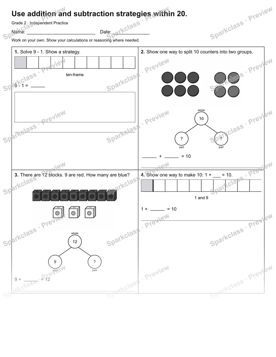 Use addition and subtraction strategies within 20. — Independent Practice — page 1