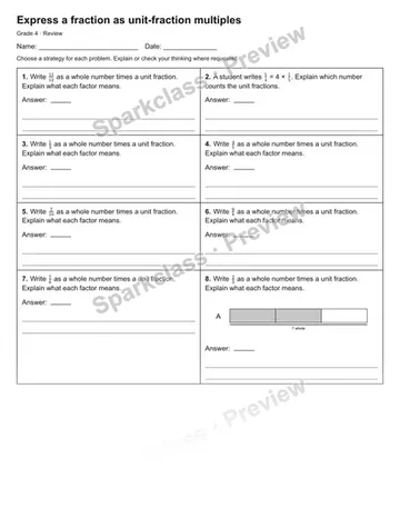 Express a fraction as unit-fraction multiples — Review — Grade 4 worksheet preview