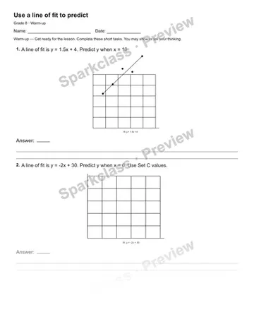 Use a line of fit to predict — Warm-up — Grade 8 worksheet preview