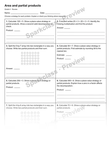 Area and partial products — Review — Grade 4 worksheet preview
