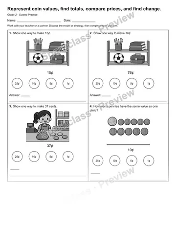 Represent coin values, find totals, compare prices, and find change. — Guided Practice — Grade 2 worksheet preview