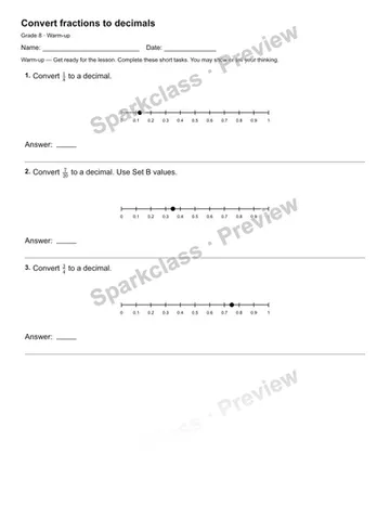 Convert fractions to decimals — Warm-up — Grade 8 worksheet preview