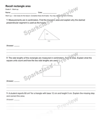 Recall rectangle area — Warm-up — Grade 6 worksheet preview