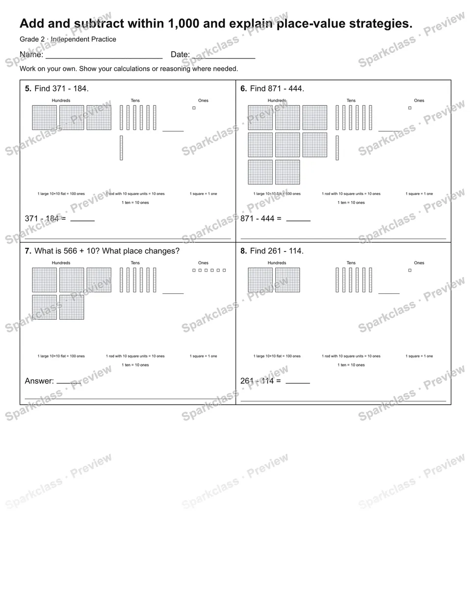 Add and subtract within 1,000 and explain place-value strategies. — Independent Practice — page 2