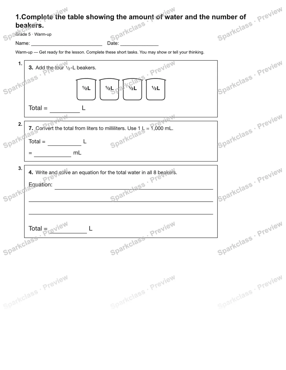 1.Complete the table showing the amount of water and the number of beakers. — Warm-up — page 1