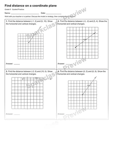 Find distance on a coordinate plane — Guided Practice — Grade 8 worksheet preview