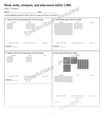 Read, write, compare, and skip-count within 1,000. — Homework — Grade 2 worksheet preview
