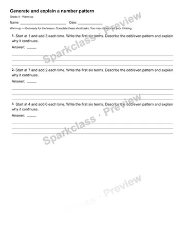 Generate and explain a number pattern — Warm-up — Grade 4 worksheet preview