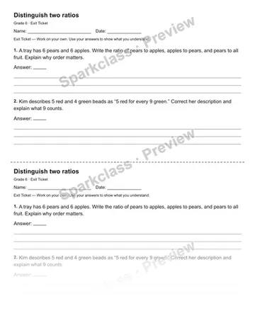 Distinguish two ratios — Exit Ticket — Grade 6 worksheet preview