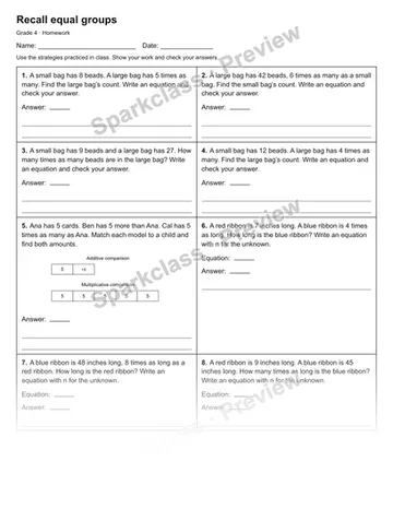 Recall equal groups — Homework — Grade 4 worksheet preview