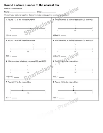 Round a whole number to the nearest ten — Guided Practice — Grade 3 worksheet preview