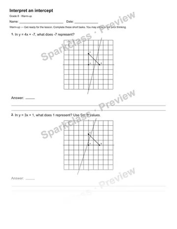 Interpret an intercept — Warm-up — Grade 8 worksheet preview