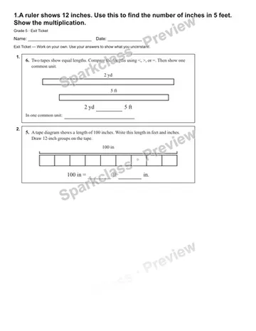 1.A ruler shows 12 inches. Use this to find the number of inches in 5 feet. Show the multiplication. — Exit Ticket — Grade 5 worksheet preview