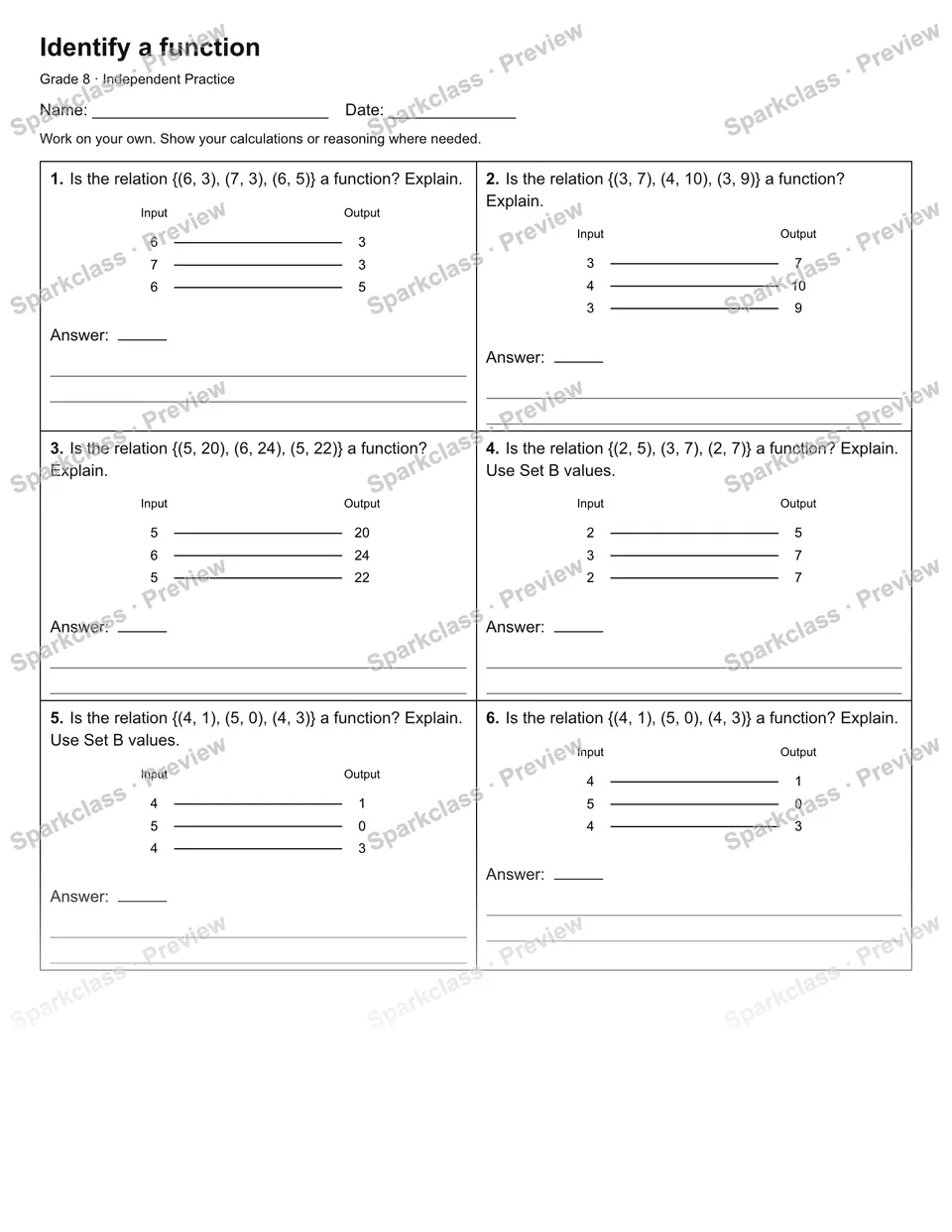 Identify a function — Independent Practice — page 1