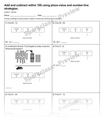 Add and subtract within 100 using place-value and number-line strategies. — Review — Grade 2 worksheet preview