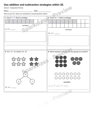 Use addition and subtraction strategies within 20. — Independent Practice — Grade 2 worksheet preview