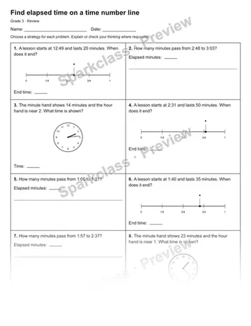 Find elapsed time on a time number line — Review — Grade 3 worksheet preview
