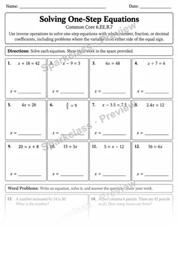 One-Step Equations — Grade 6 worksheet preview