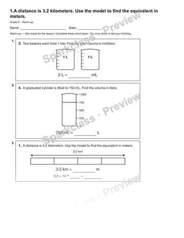 1.A distance is 3.2 kilometers. Use the model to find the equivalent in meters. — Warm-up — Grade 5 worksheet preview