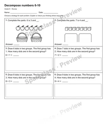 Decompose numbers 6-10 — Review — Kindergarten worksheet preview