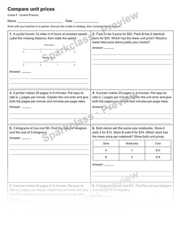 Compare unit prices — Guided Practice — Grade 6 worksheet preview
