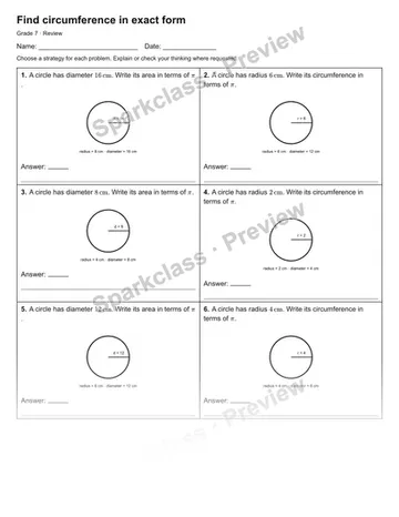 Find circumference in exact form — Review — Grade 7 worksheet preview