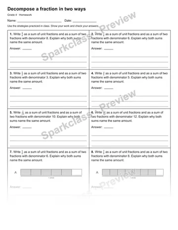 Decompose a fraction in two ways — Homework — Grade 4 worksheet preview