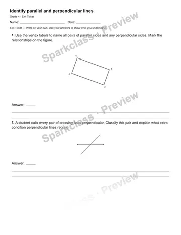 Identify parallel and perpendicular lines — Exit Ticket — Grade 4 worksheet preview
