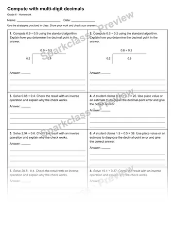 Compute with multi-digit decimals — Homework — Grade 6 worksheet preview