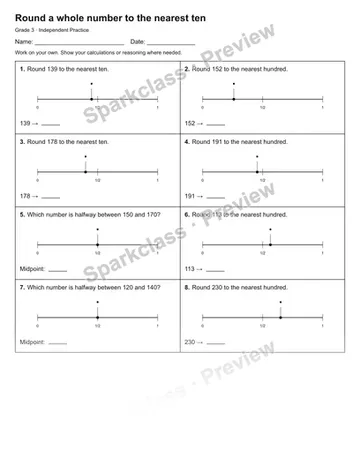 Round a whole number to the nearest ten — Independent Practice — Grade 3 worksheet preview