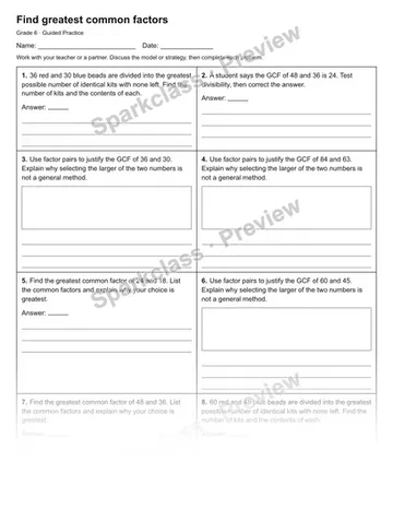 Find greatest common factors — Guided Practice — Grade 6 worksheet preview