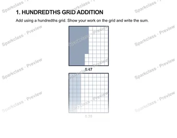 1. HUNDREDTHS GRID ADDITION Add using a hundredths grid. Show your work on the grid and write the sum. 0.47 0.28 0.47 + 0.28 = — Grade 5 problem preview