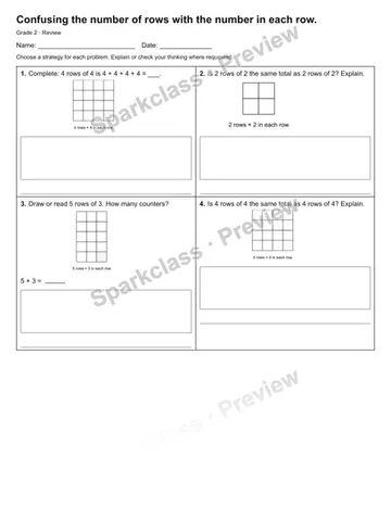 Confusing the number of rows with the number in each row. — Review — Grade 2 worksheet preview