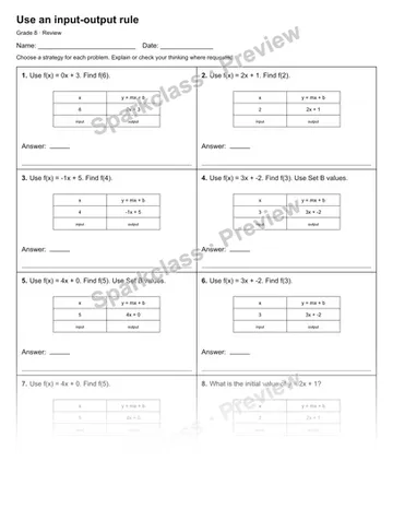 Use an input-output rule — Review — Grade 8 worksheet preview
