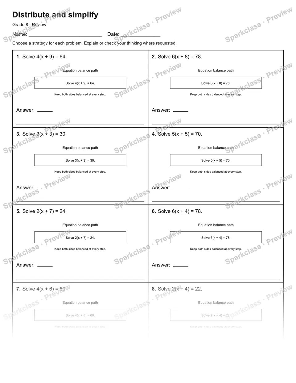 Distribute and simplify — Review — page 1