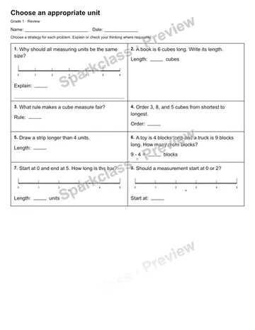 Choose an appropriate unit — Review — Grade 1 worksheet preview