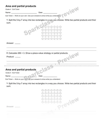 Area and partial products — Exit Ticket — Grade 4 worksheet preview