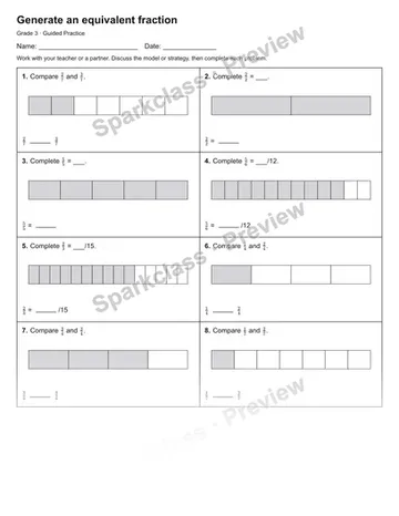 Generate an equivalent fraction — Guided Practice — Grade 3 worksheet preview
