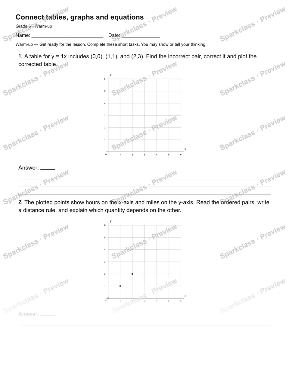 Connect tables, graphs and equations — Warm-up — page 1