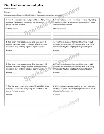 Find least common multiples — Review — Grade 6 worksheet preview