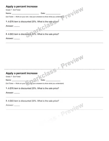 Apply a percent increase — Exit Ticket — Grade 7 worksheet preview